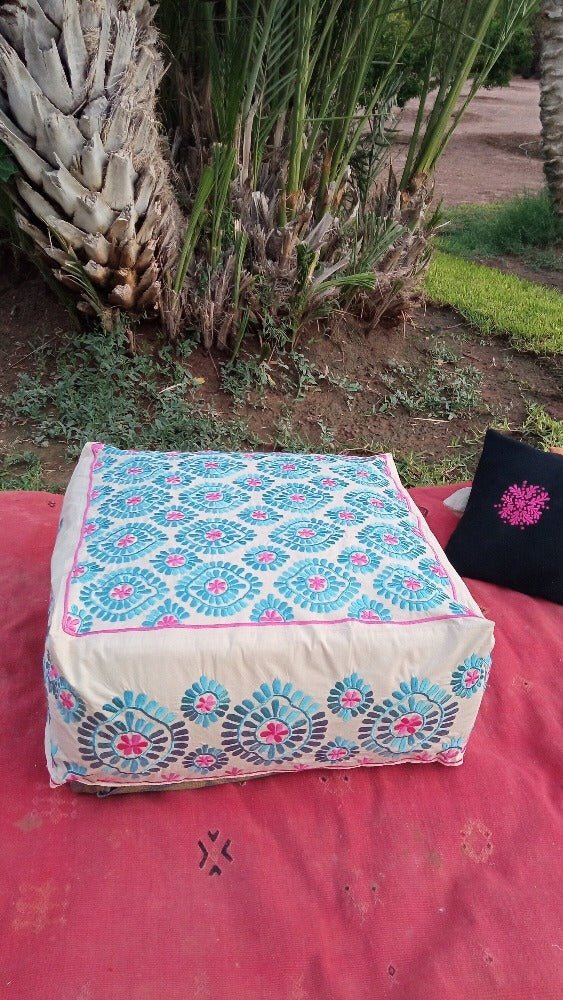 Embroidered square blue and pink Floor Seating - Heritage Handmade