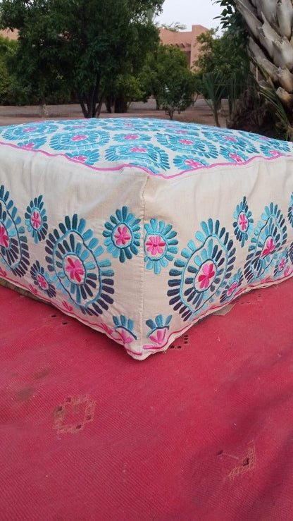 Embroidered square blue and pink Floor Seating - Heritage Handmade