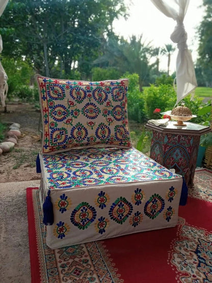 Embroidered Stuffed Footstool with Cushion - Heritage Handmade