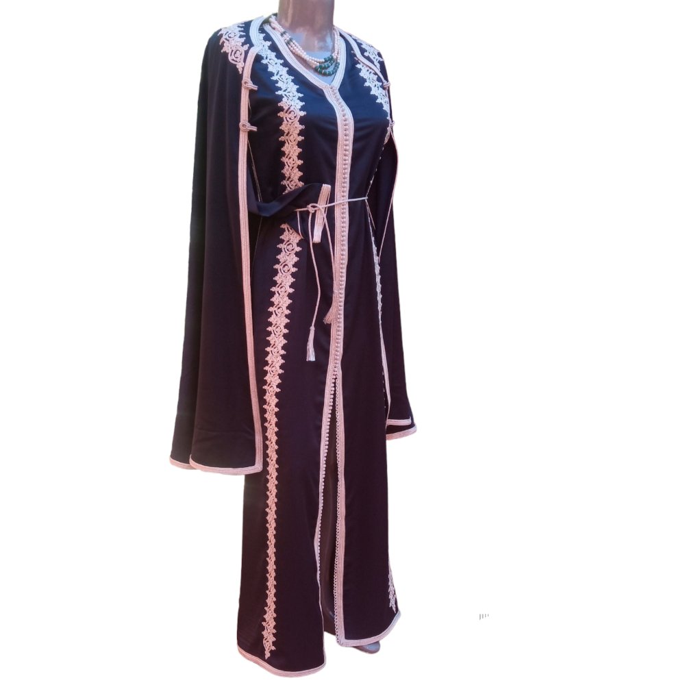 Ethnic embroidered dark Blue and silver evening Kaftan with cloak - Heritage Handmade