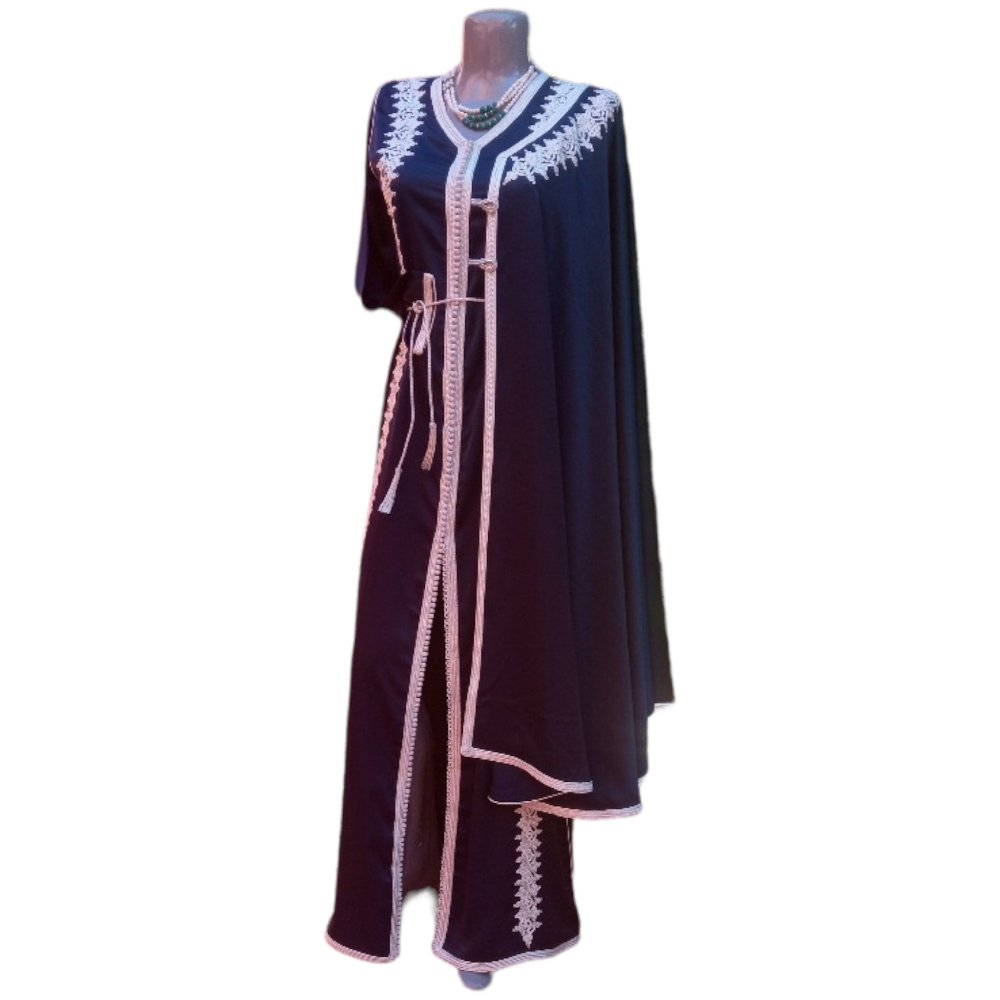 Ethnic embroidered dark Blue and silver evening Kaftan with cloak - Heritage Handmade