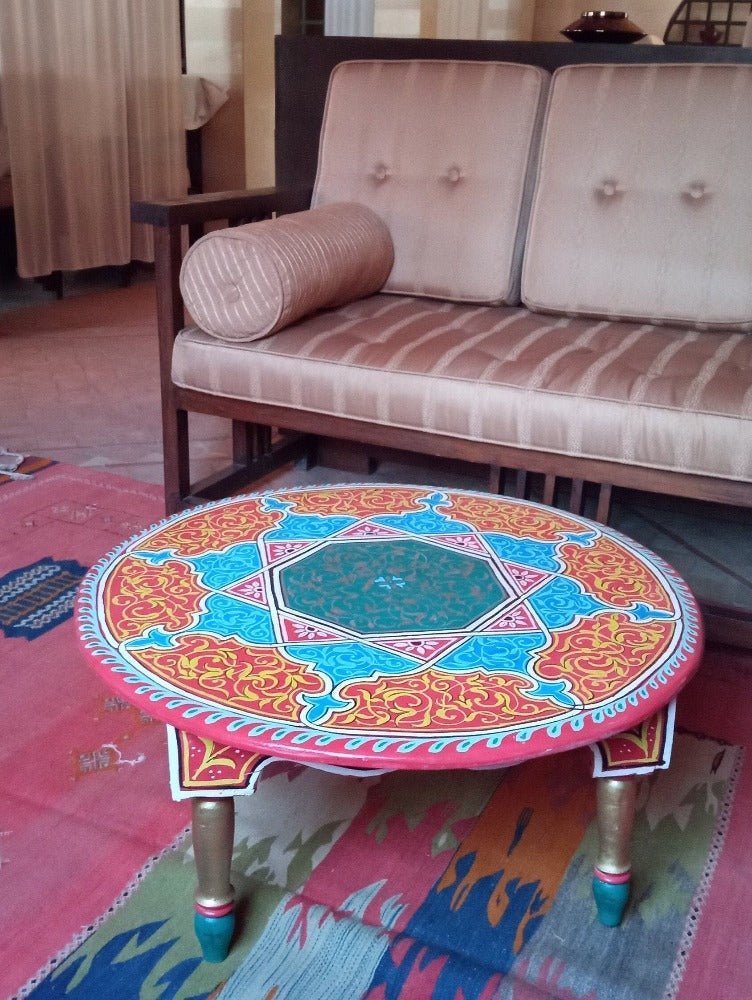 Folklore Round wooden Hand painted Moroccan table - Heritage Handmade