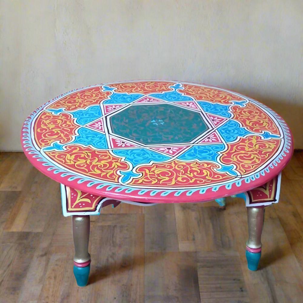 Folklore Round wooden Hand painted Moroccan table - Heritage Handmade