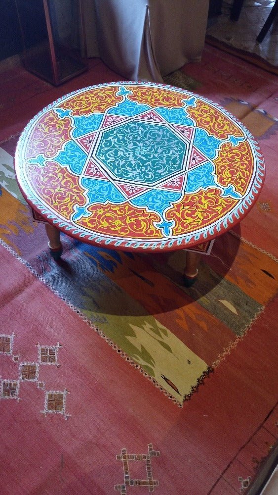 Folklore Round wooden Hand painted Moroccan table - Heritage Handmade