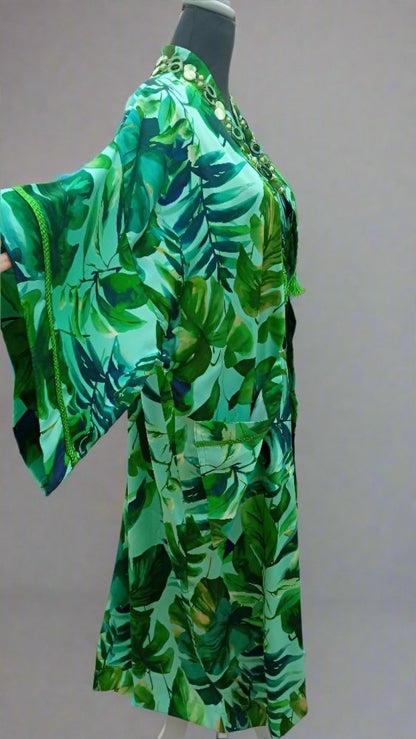 Free size GREEN Satin Kaftan Hawaiian kimono dress - Heritage Handmade