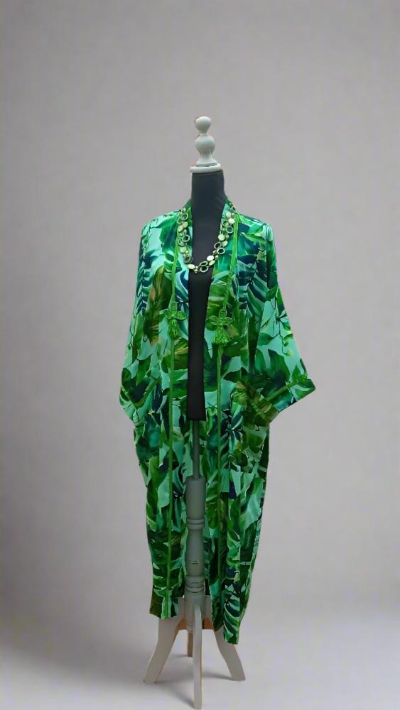 Free size GREEN Satin Kaftan Hawaiian kimono dress - Heritage Handmade