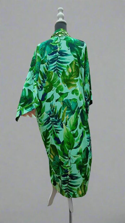 Free size GREEN Satin Kaftan Hawaiian kimono dress - Heritage Handmade