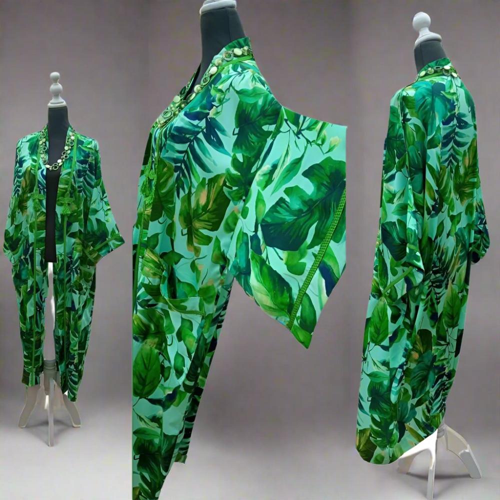 Free size GREEN Satin Kaftan Hawaiian kimono dress - Heritage Handmade