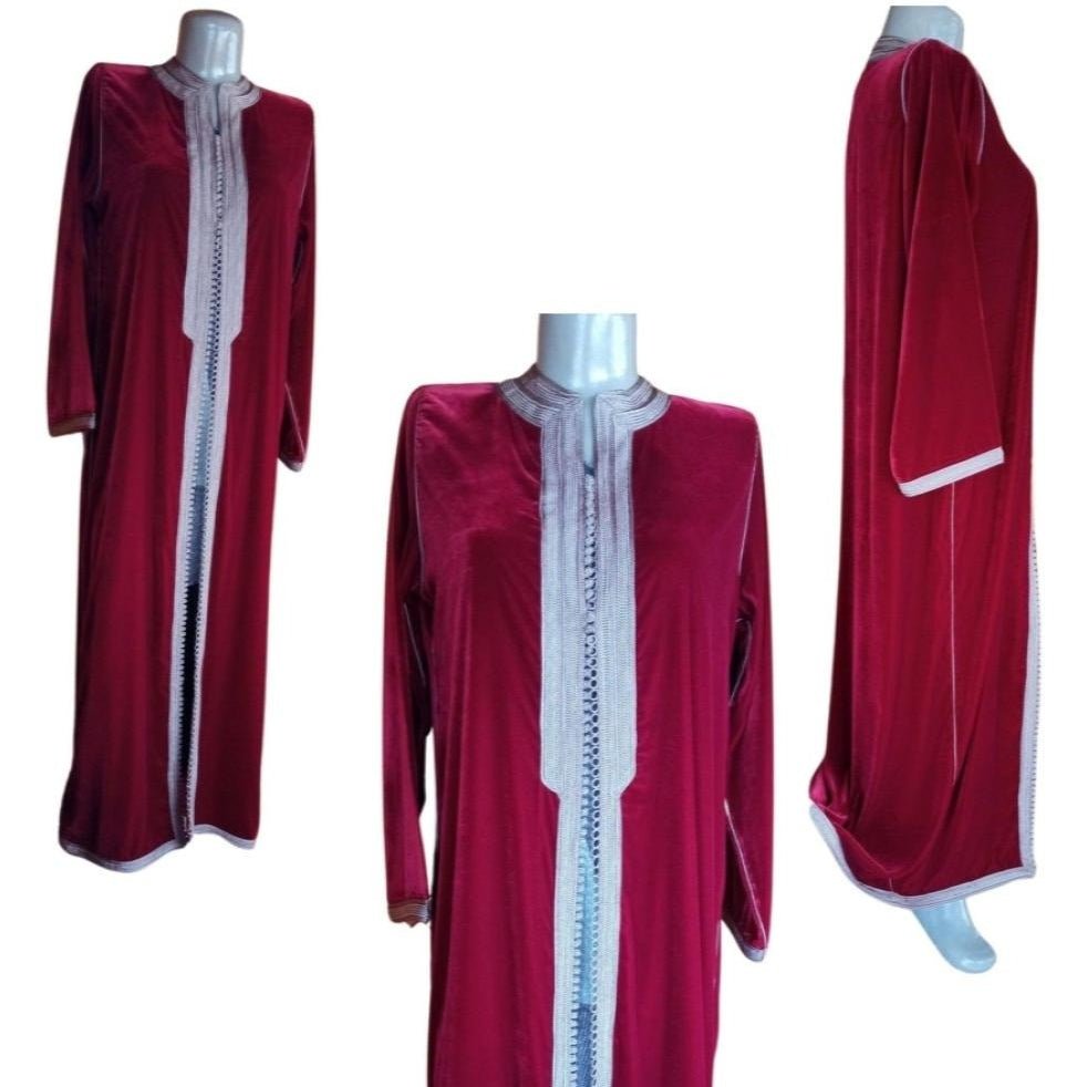 Grey and Red Velvet Moroccan Coat Dress for sale - Heritage Handmade