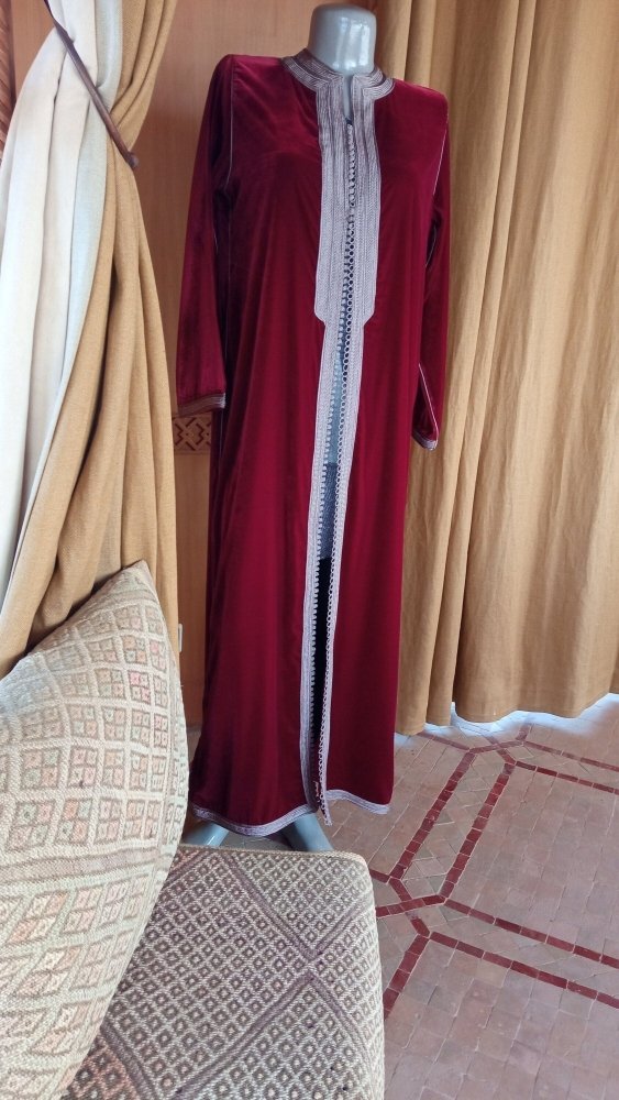 Grey and Red Velvet Moroccan Coat Dress for sale - Heritage Handmade