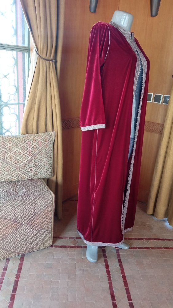 Grey and Red Velvet Moroccan Coat Dress for sale - Heritage Handmade