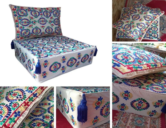 hand embroidered Moroccan pouf and pillow