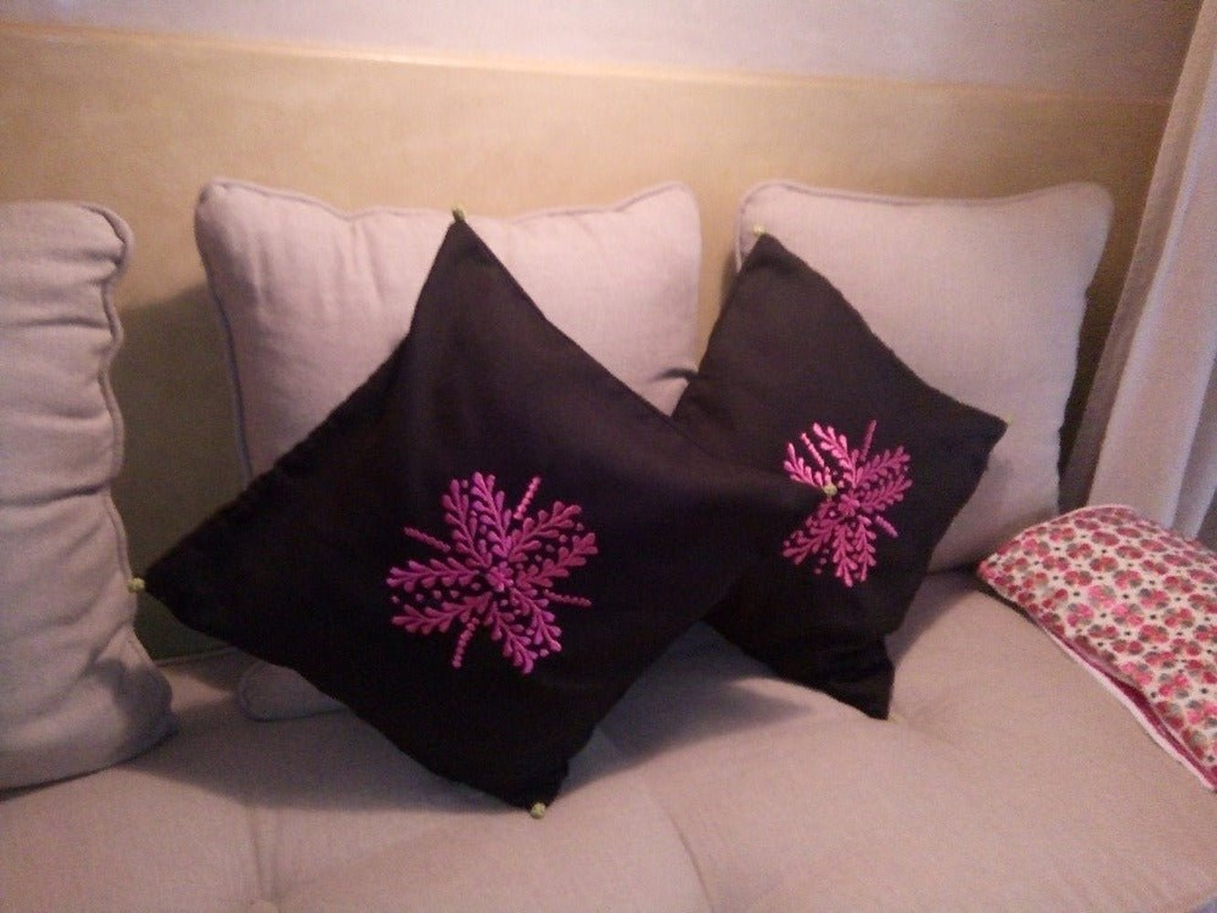 Set of 2 Black Moroccan throw pillows with pink embroidery