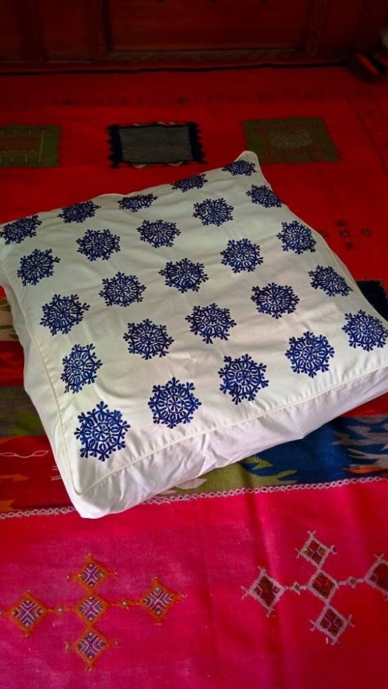 Large Square cotton footstool with Blue embroidery