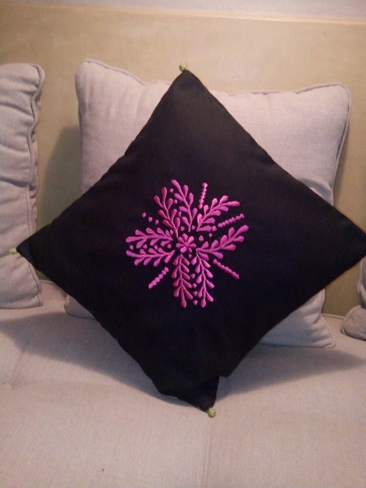 Set of 2 Black Moroccan throw pillows with pink embroidery