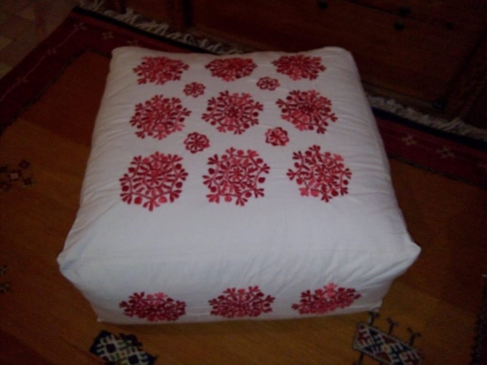 Moroccan Embroidered stuffed Square cotton pouf