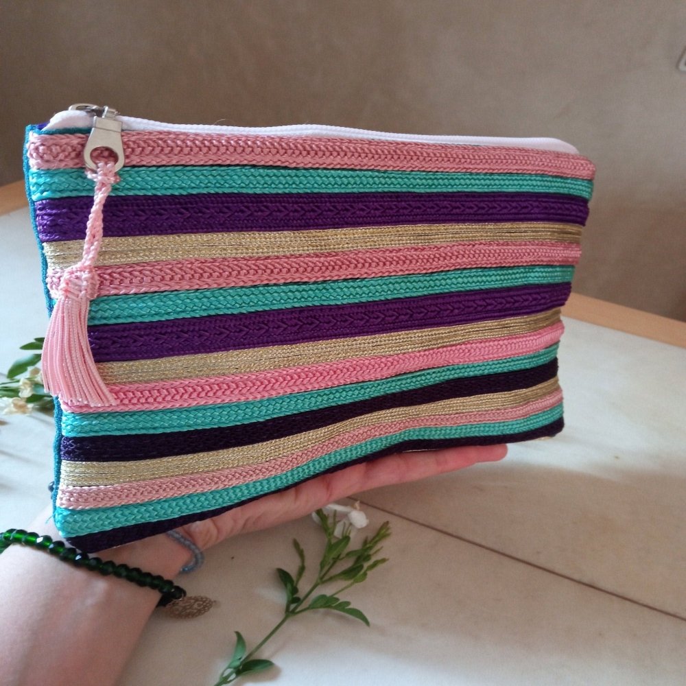 Moroccan pink embroidered makeup bag with tassel 