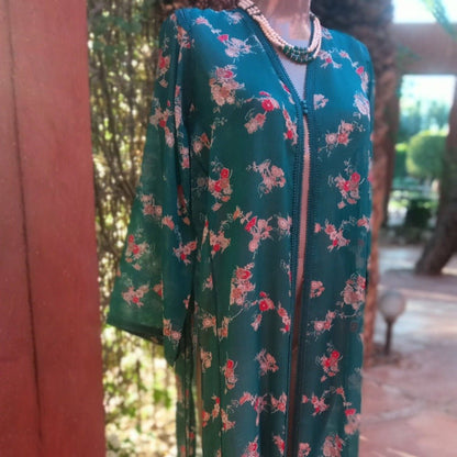 Antique Moroccan Green Floral kaftan dress for sale