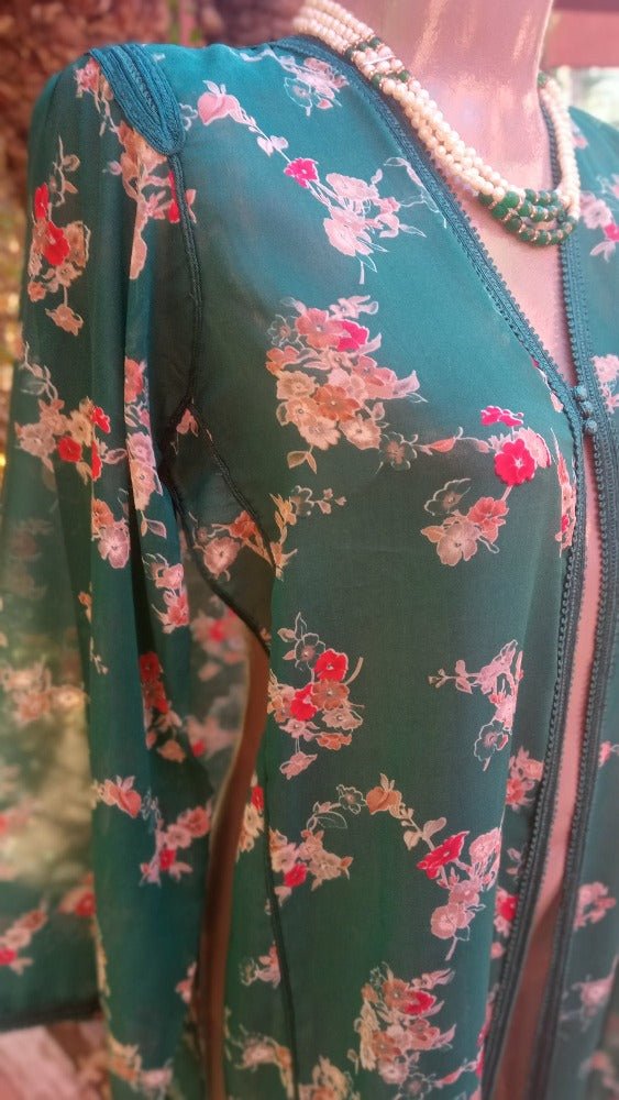 Antique Moroccan Green Floral kaftan dress for sale