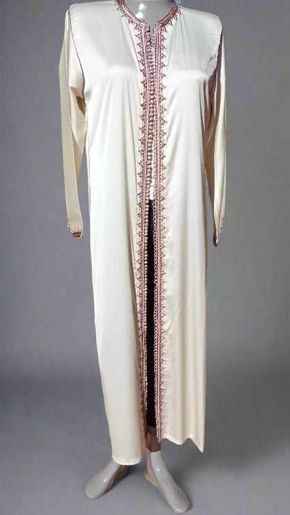 Embroidered Beige Satin silk open Moroccan Kaftan 