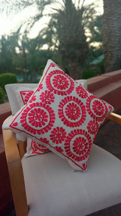 Set of 2 RED Embroidered Moroccan Floral Throw Pillows