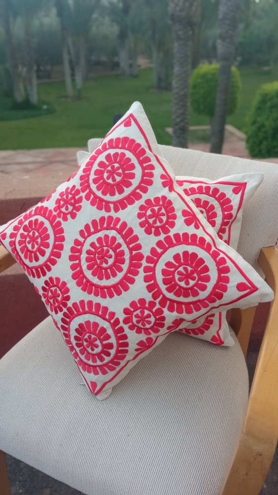 Set of 2 RED Embroidered Moroccan Floral Throw Pillows