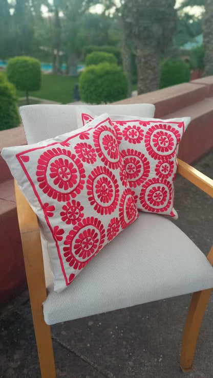 Set of 2 RED Embroidered Moroccan Floral Throw Pillows