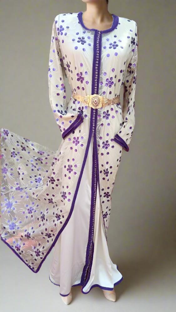 Moroccan Ivory and Purple Tulle wedding kaftan dress with Belt