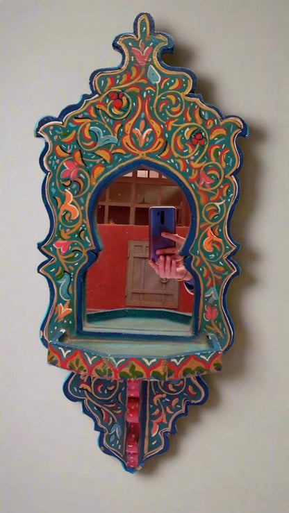 Vintage Funky Hand painted Moroccan wooden shelf and Mirror