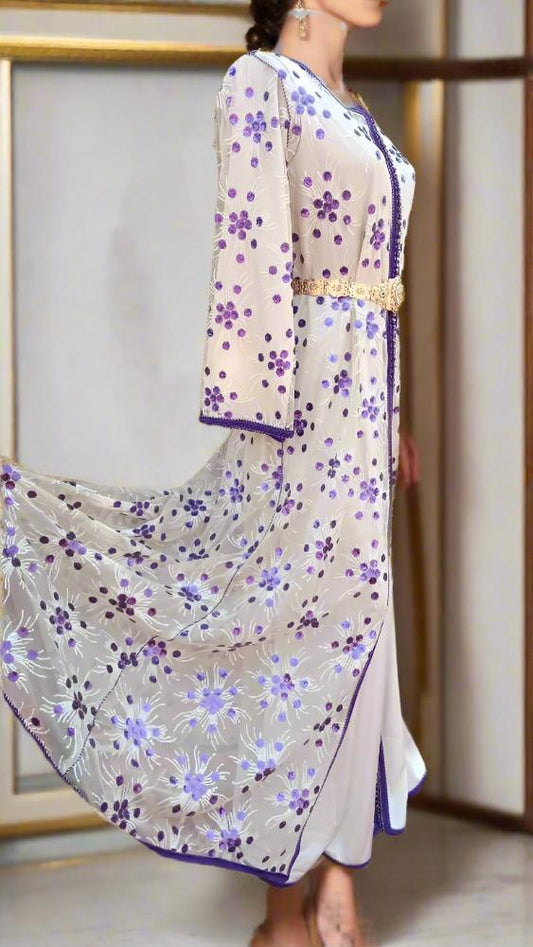 Moroccan Ivory and Purple Tulle wedding kaftan dress with Belt