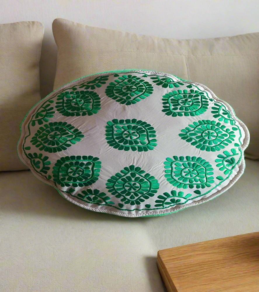 embroidered round moroccan green pillows 