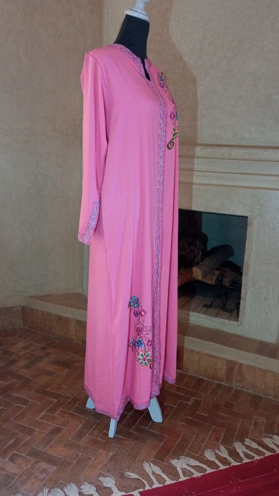 Moroccan Pink Caftan with Handmade Embroidery for sale