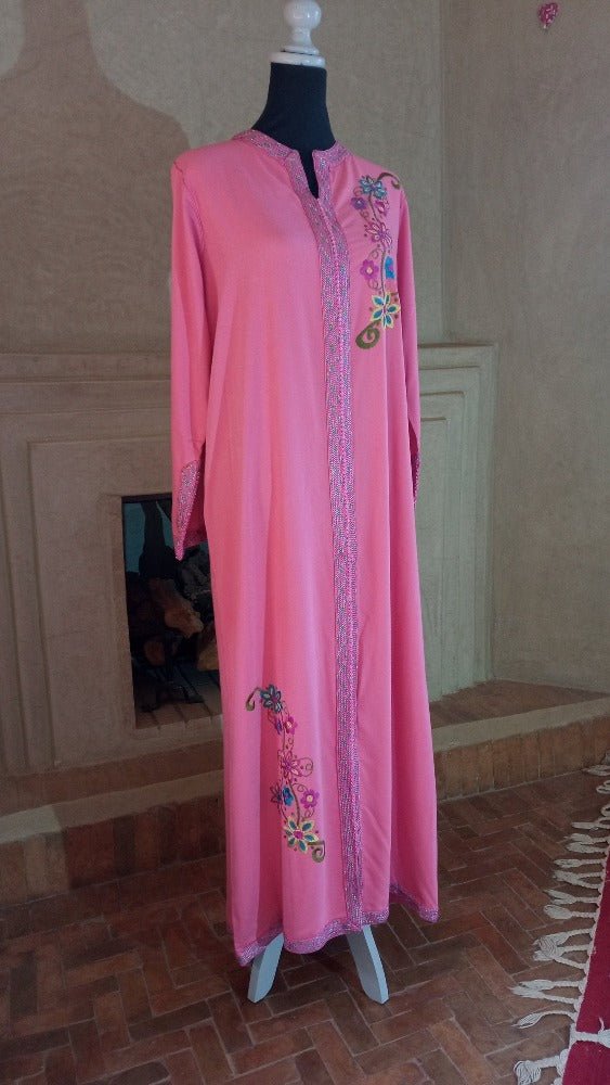 Moroccan Pink Caftan with Handmade Embroidery for sale