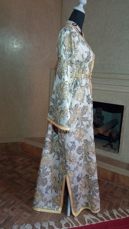 Luxury Golden Moroccan Brocade Caftan with Belt