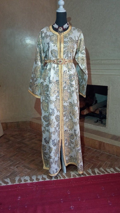 Luxury Golden Moroccan Brocade Caftan with Belt