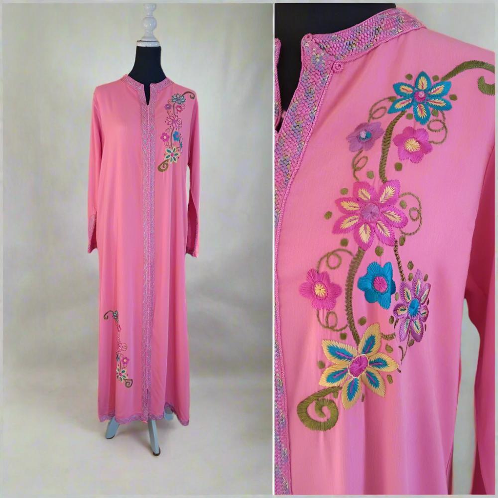 Moroccan Pink Caftan with Handmade Embroidery for sale