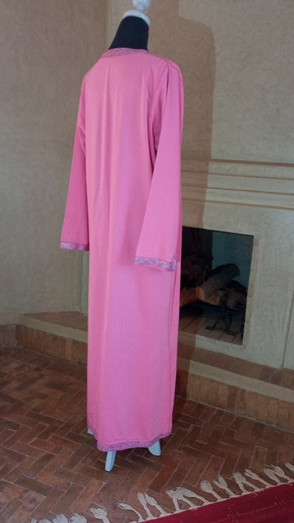 Moroccan Pink Caftan with Handmade Embroidery for sale