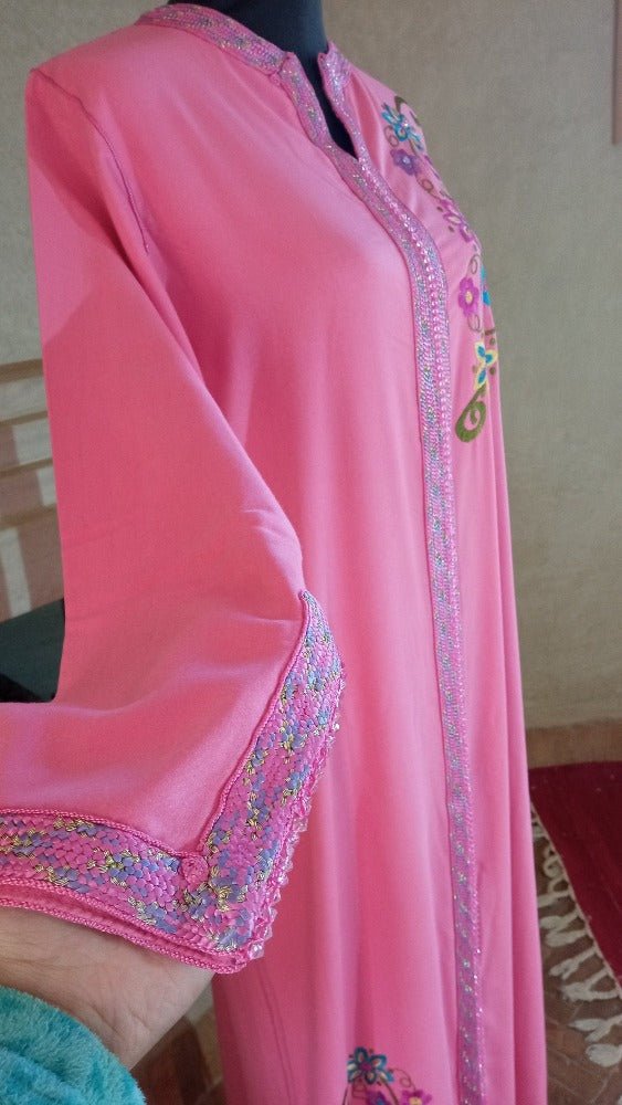 Moroccan Pink Caftan with Handmade Embroidery for sale