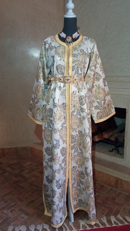 Luxury Golden Moroccan Brocade Caftan with Belt