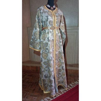 Luxury Golden Moroccan Brocade Caftan with Belt