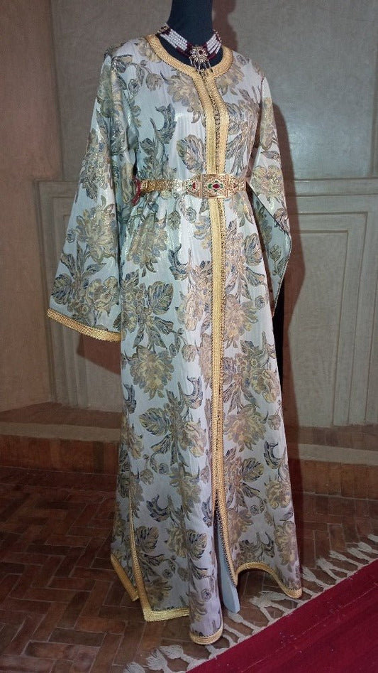 Luxury Golden Moroccan Brocade Caftan with Belt