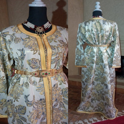 Luxury Golden Moroccan Brocade Caftan with Belt