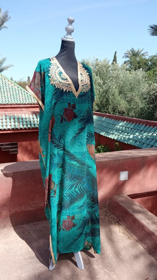 Tropical Moroccan Beach Kaftan with Gold Embroideredy