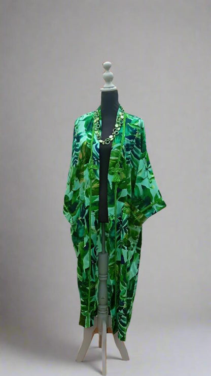 Free size GREEN SILK Kaftan Hawaiian kimono dress