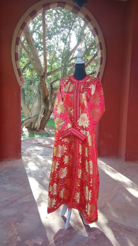 Vintage Moroccan Kaftan 1960s Red and Gold Floral Brocade Caftan Maxi Dress