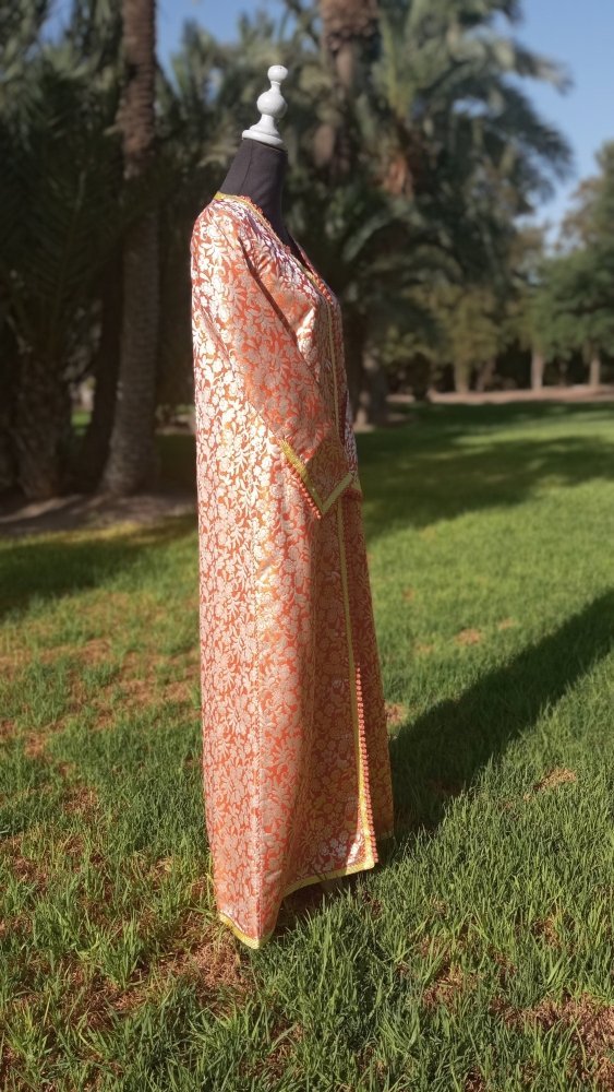 Vintage Metallic Orange and Gold Brocade Moroccan Caftan