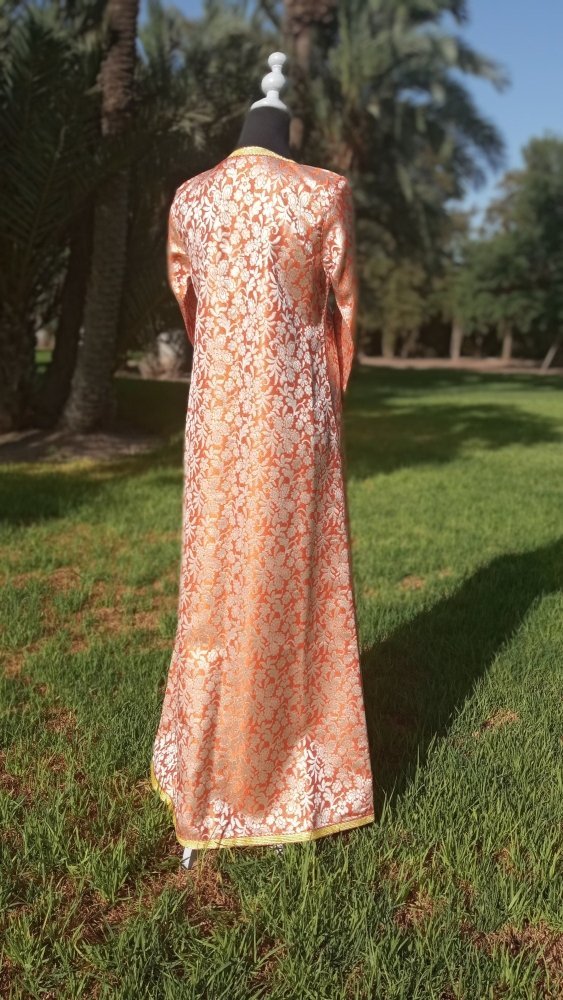 Vintage Metallic Orange and Gold Brocade Moroccan Caftan