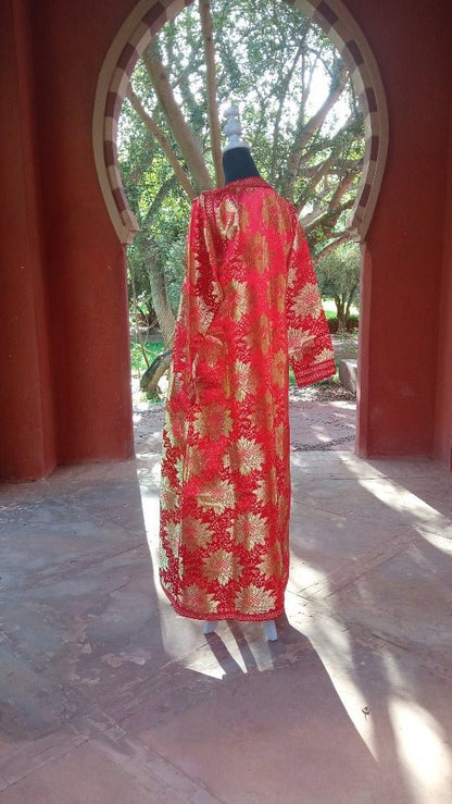 Vintage Moroccan Kaftan 1960s Red and Gold Floral Brocade Caftan Maxi Dress