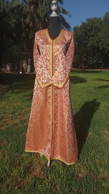 Vintage Metallic Orange and Gold Brocade Moroccan Caftan