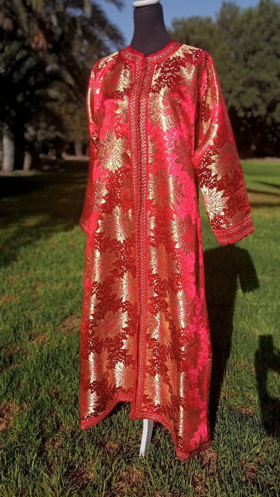 Vintage Moroccan Kaftan 1960s Red and Gold Floral Brocade Caftan Maxi Dress